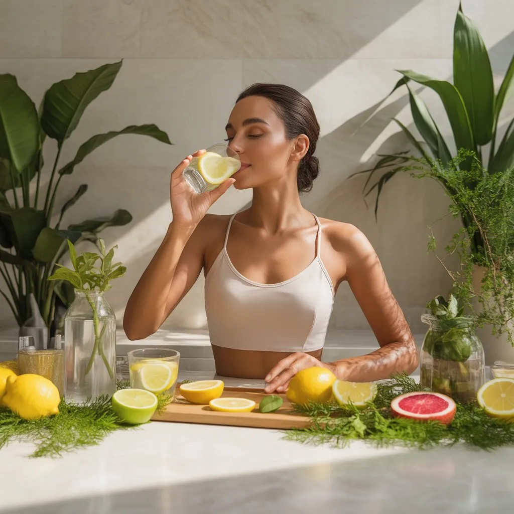 Mulher bebendo água com limão numa bancada com plantas e frutas cítricas